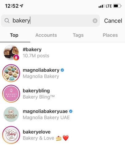 4 پیشنهاد از اینستاگرام در نتایج جست‌وجو داریم که کلمه bakery